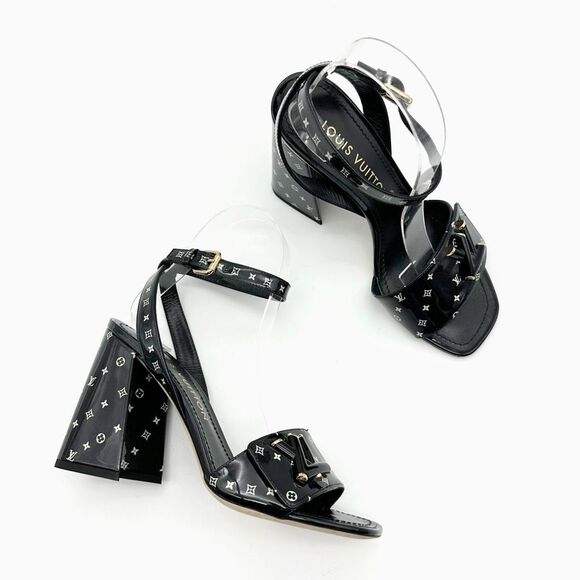 LOUIS VUITTON Shake Black LV Turnlock Block Heel Sandal Size 37.5 Printed Patent - Picture 1 of 12